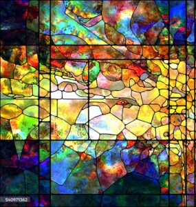 Colorful abstract stained-glass mosaic with irregular shapes in rainbow hues and bold black borders.