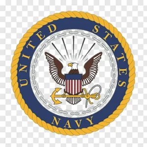 Circular United States Navy seal featuring an eagle with shield, crossed anchors and rope, surrounded by a blue ring with gold lettering 'UNITED STATES NAVY'.