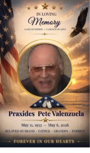 Memorial poster featuring a round framed photo of an elderly man, US flag and eagle, sunset background, with ‘In Loving Memory’ andDates 1933–2026; text honors him as husband, father, grandpa, patriot.