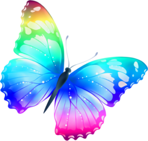 Colorful rainbow butterfly with wings spread in hues of red, green, blue, and purple against a transparent background.