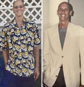 Two side-by-side photos of a smiling man: left in a colorful Hawaiian shirt, right in a light beige blazer.