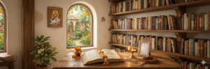 Open book on a wooden table with marigold garlands, a lit candle, a beaded bracelet, framed photo, and reading glasses, in a cozy library with a garden view through a window.
