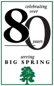 Poster celebrating 80 years of service in Big Spring, with a large 80 and a green tree logo at the bottom frame