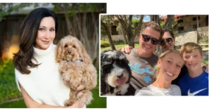 Woman in a white sweater holding a small fluffy tan dog outdoors; beside it, a family selfie with a black-and-white dog in a sunny yard.