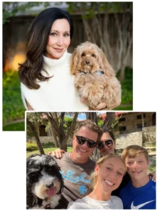 Woman in a white sweater holding a small fluffy apricot dog outdoors, smiling at the camera.