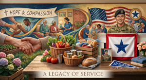 Colorful mural titled 'A Legacy of Service' with a handshake, diverse veterans and caregivers, flags, and a table of food.