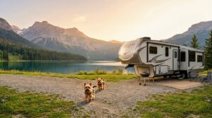 RV parked on a gravel site beside a calm mountain lake, with two small dogs running toward the camera and pine forests in the distance.