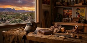 Woodworker's bench with leather apron, helmet, carving tools, and carved wooden heads; desert landscape visible through a window.
